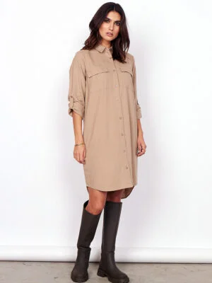 Soya Concept Long dress shirt 17406 short sleeves beige