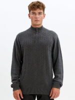 Point Zero Knitwear 7953424 in thin cotton knit with mock zip collar charcoal