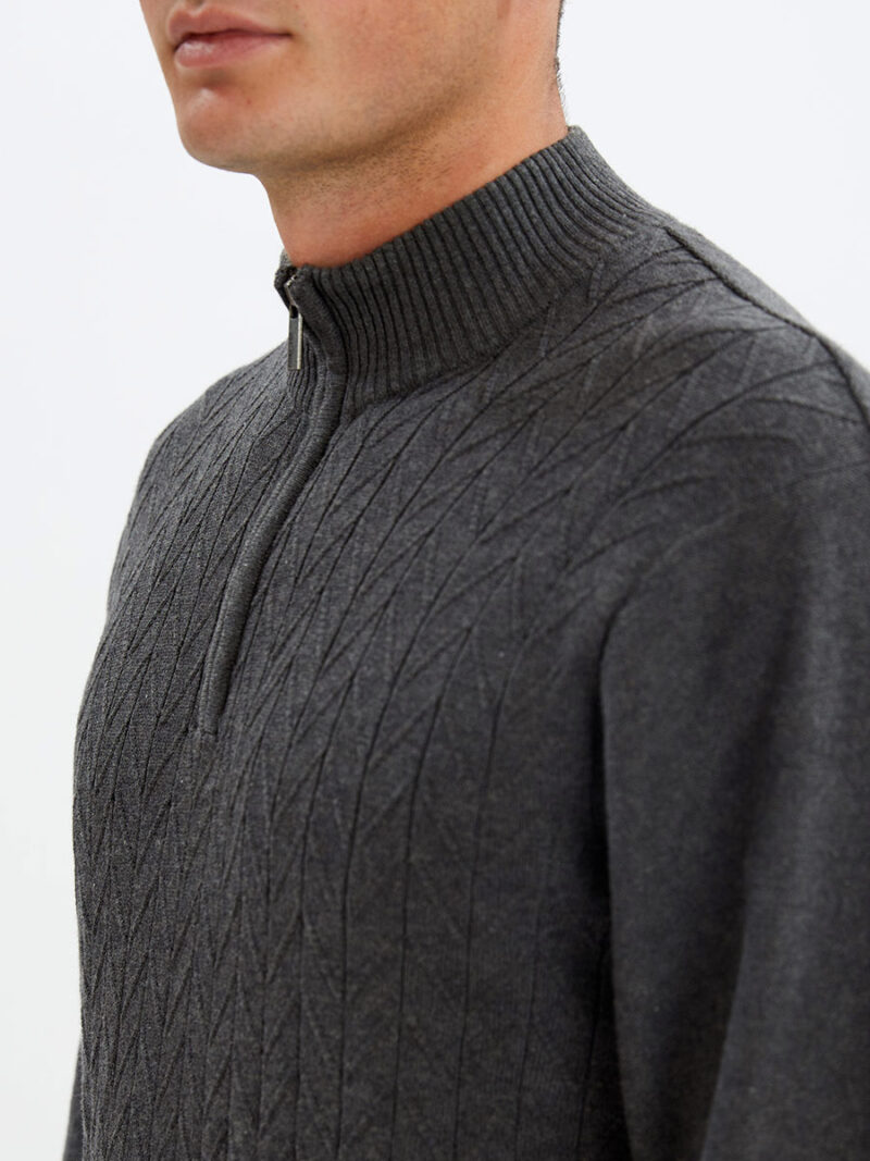 Point Zero Knitwear 7953424 in thin cotton knit with mock zip collar charcoal