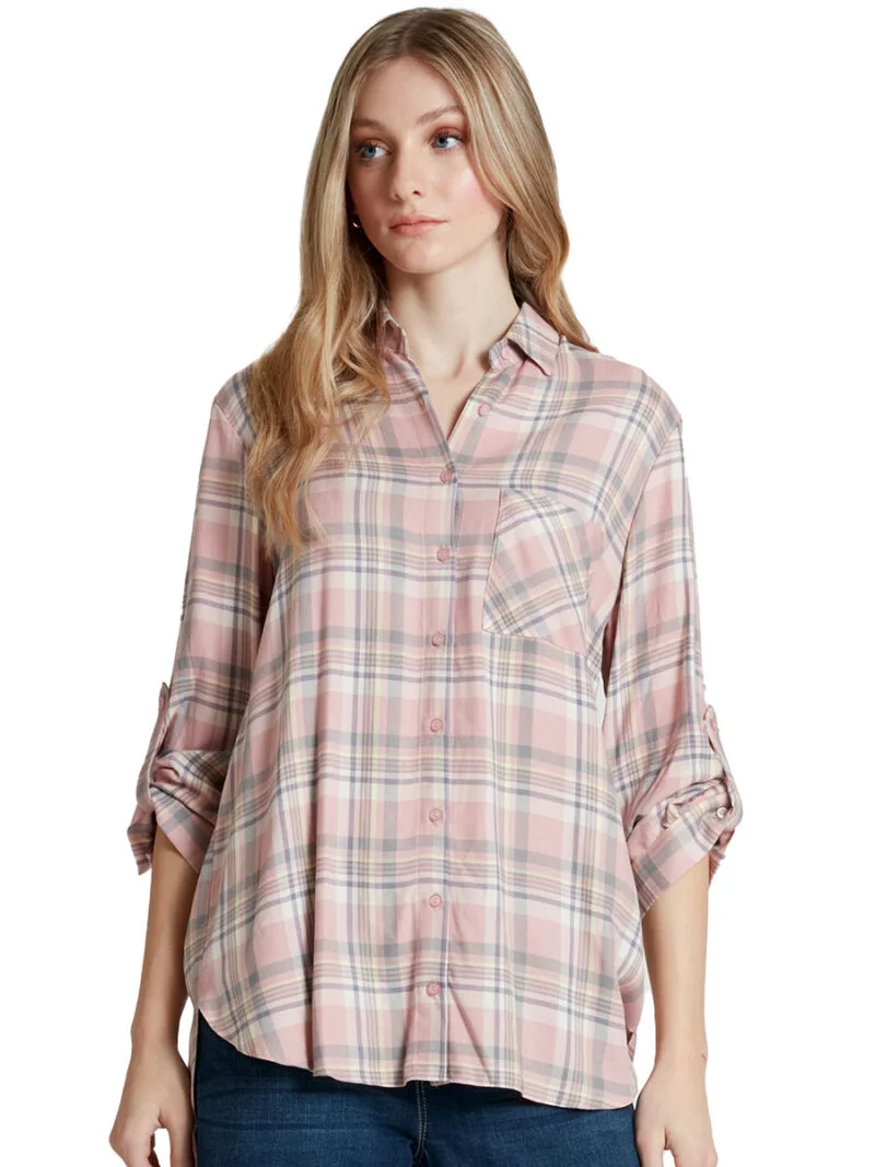 Point Zero blouse 8954006 buttoned plaid long sleeves pink combo