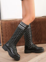 Paris-Italy Import 6823 high boot leather look and stretch knit fabric black