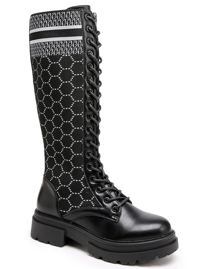 Paris-Italy Import 6823 high boot leather look and stretch knit fabric black