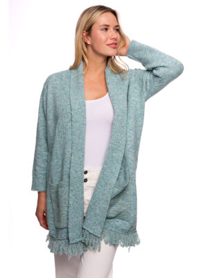 CYC Long knit cardigan 222-4049 with embroidered heart on the back teal color