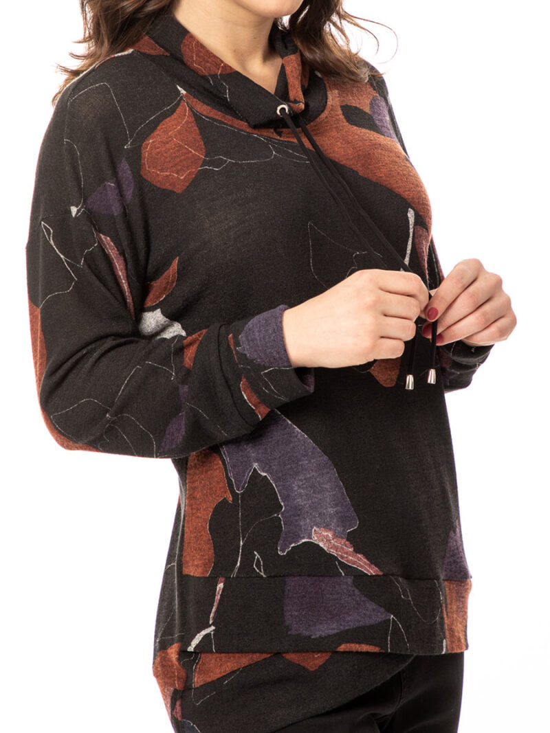 Bali tunic sweater 7938 printed funnel neck with drawstring black combo