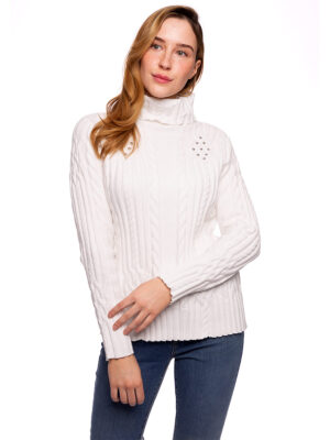 Chandail CyC 222-4073 col roulé câblé en tricot doux et confortable off white
