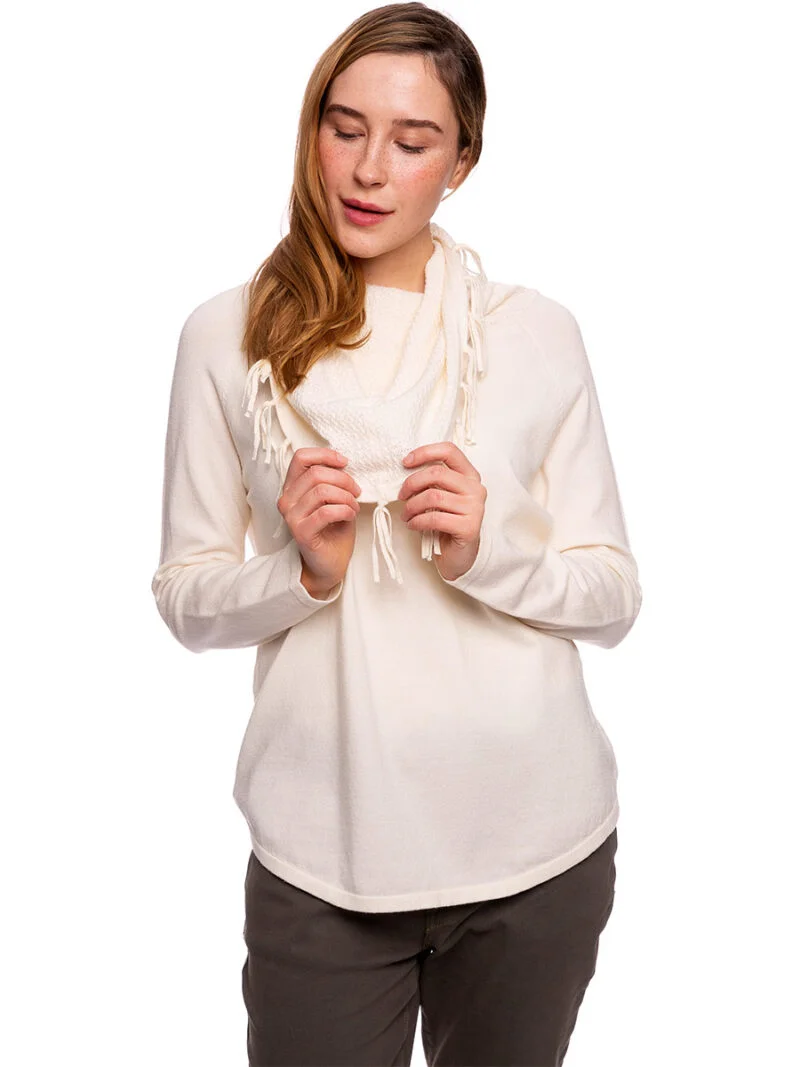 CyC 222-4094 sweater in a soft and light knit with a large pointelle textured drop collar and fringes off white