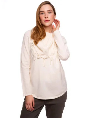 CyC 222-4094 sweater in a soft and light knit with a large pointelle textured drop collar and fringes off white