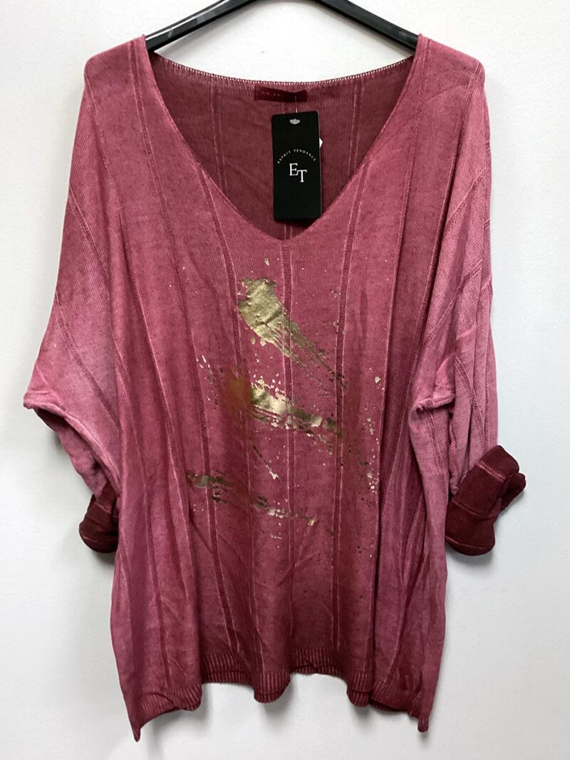 Chandail Paris Italie Import 01329 tie dye encolure V imprimé métallique couleur rose