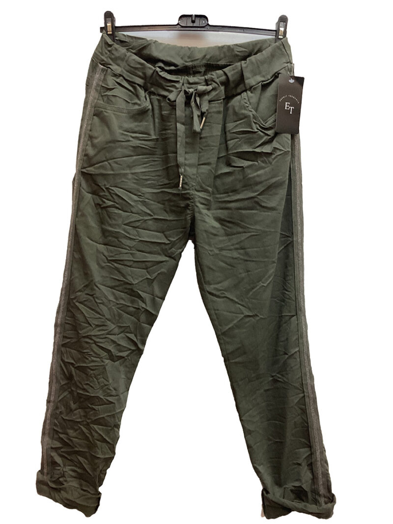 Paris Italy import 01359 stretch trousers with band on the side decorated with stones color khaki