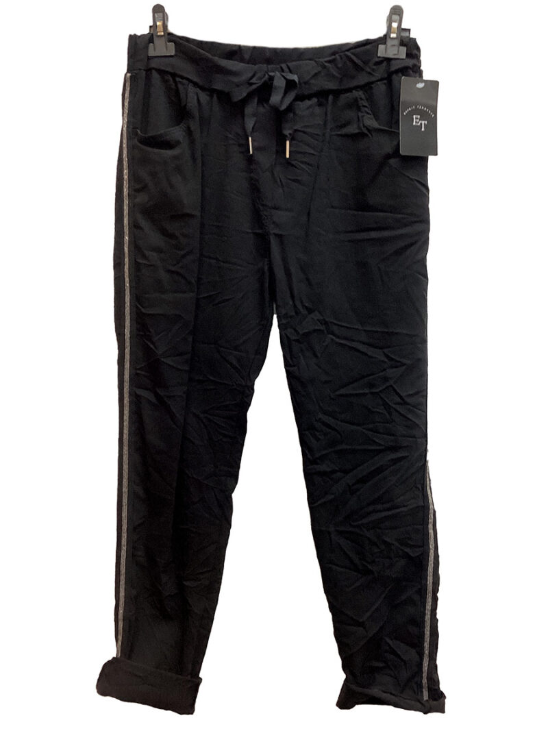 Pantalon Paris Italie import 01359 extensible noir avec bande sur le côté orné de pierres