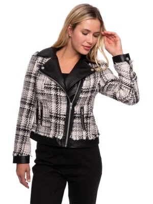 CoCo Y Club Jacket 222-4016 bi-material lined in tweed and vegan leather in black combo