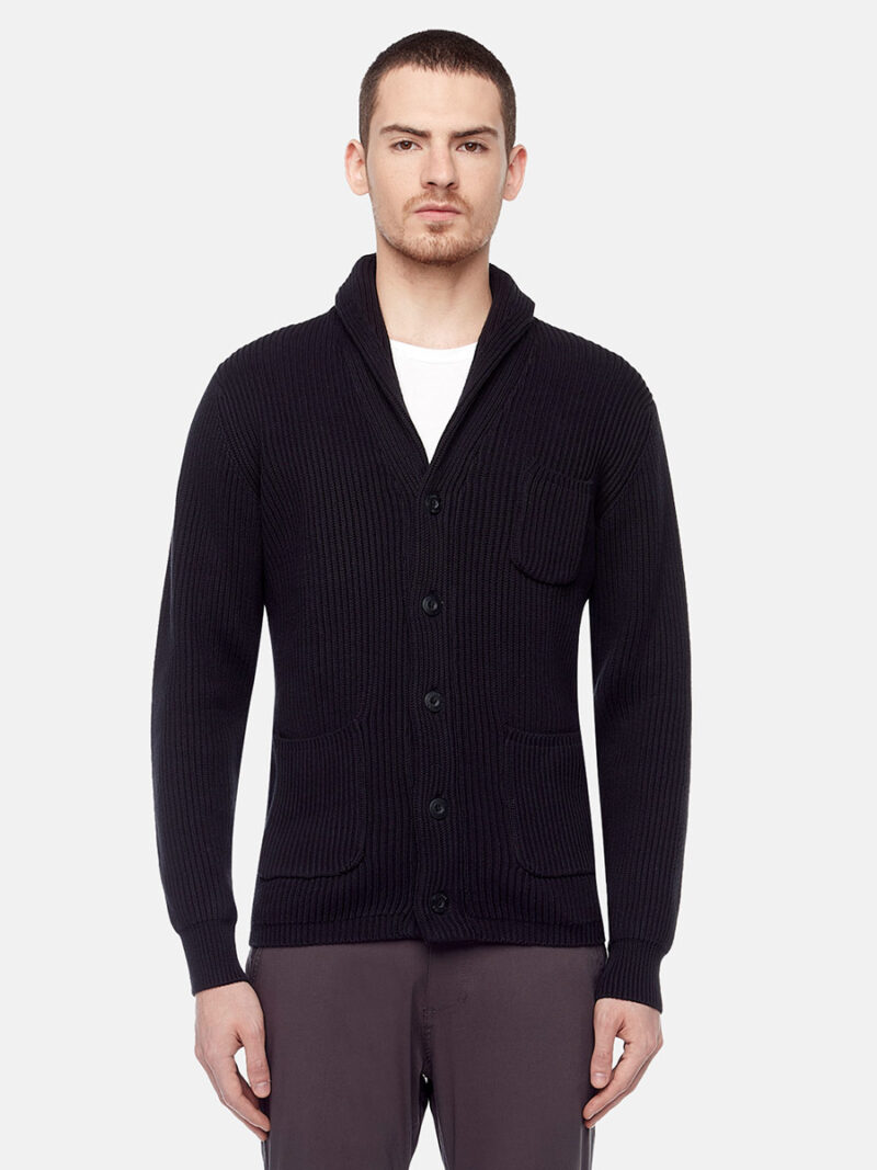 Projek Raw 141828 knit cardigan with multi-pocket shawl collar black color