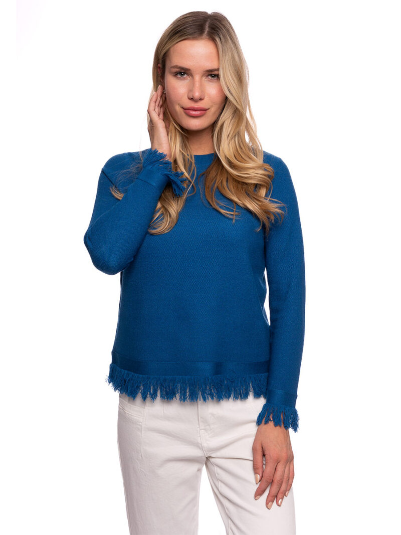 CyC 222-4075 stretchy and comfortable sweater with fringe at the bottom blue
