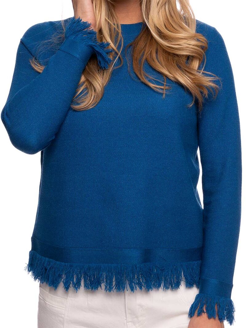 CyC 222-4075 stretchy and comfortable sweater with fringe at the bottom blue