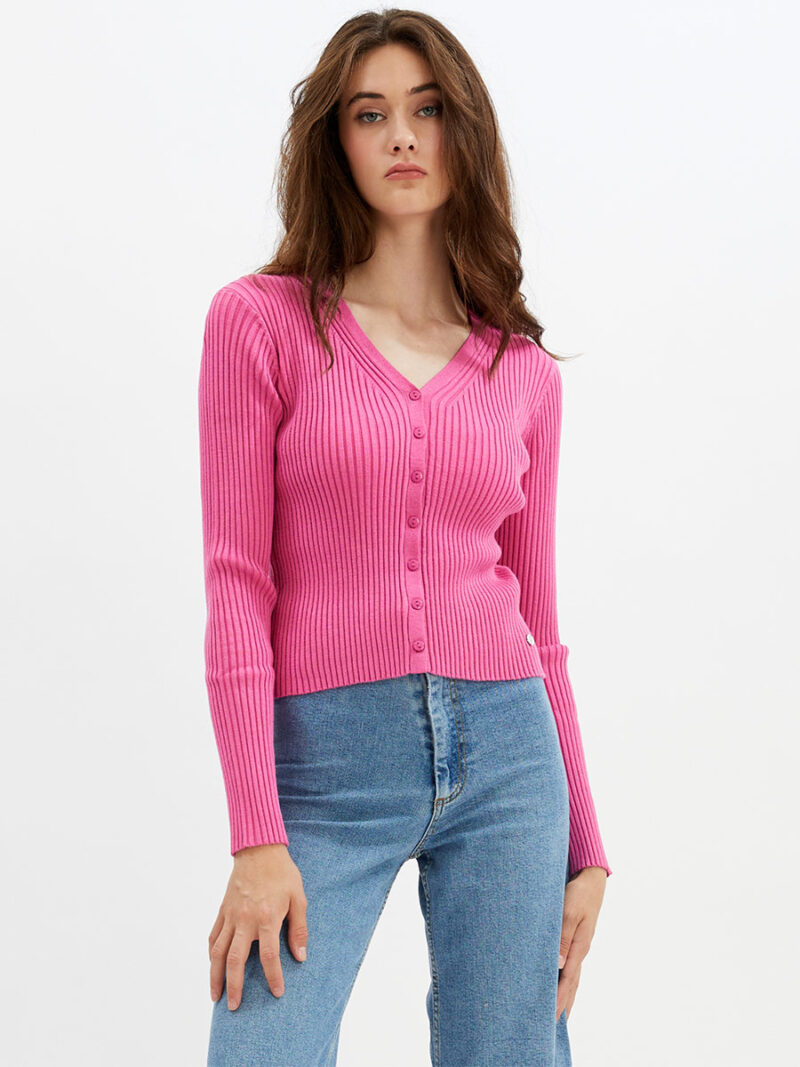 Point Zero cardigan sweater 8953049-2 in rib texture knit pink