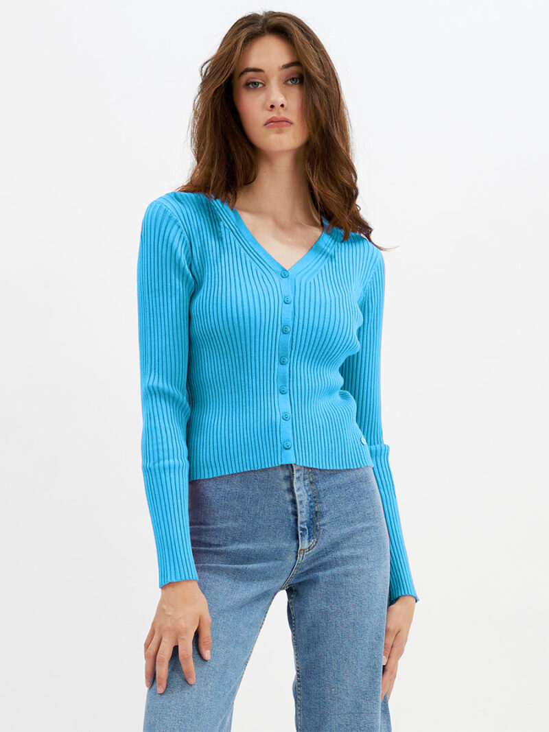 Point Zero cardigan sweater 8953049-2 in rib texture knit turkoise