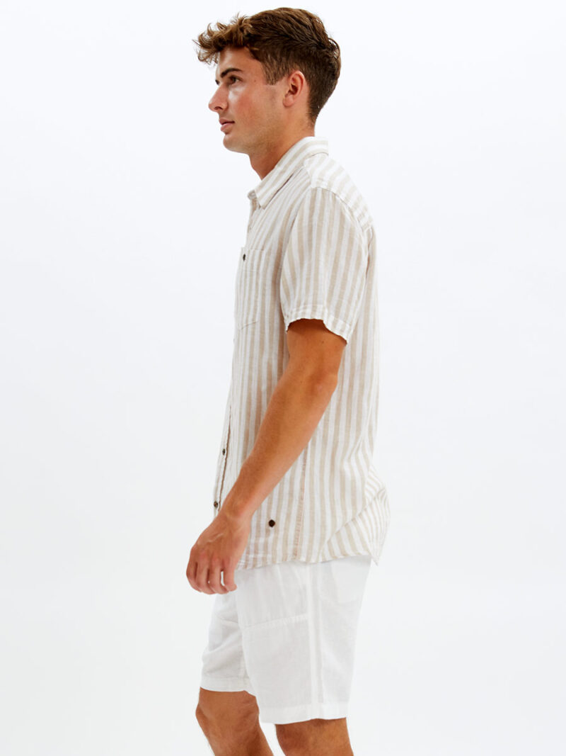 Point Zero shirt 7064301 short sleeve linen with vertical beiges stripes