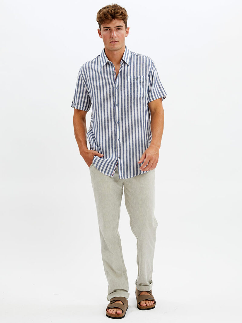 Point Zero shirt 7064301 short sleeve linen with vertical navy stripes