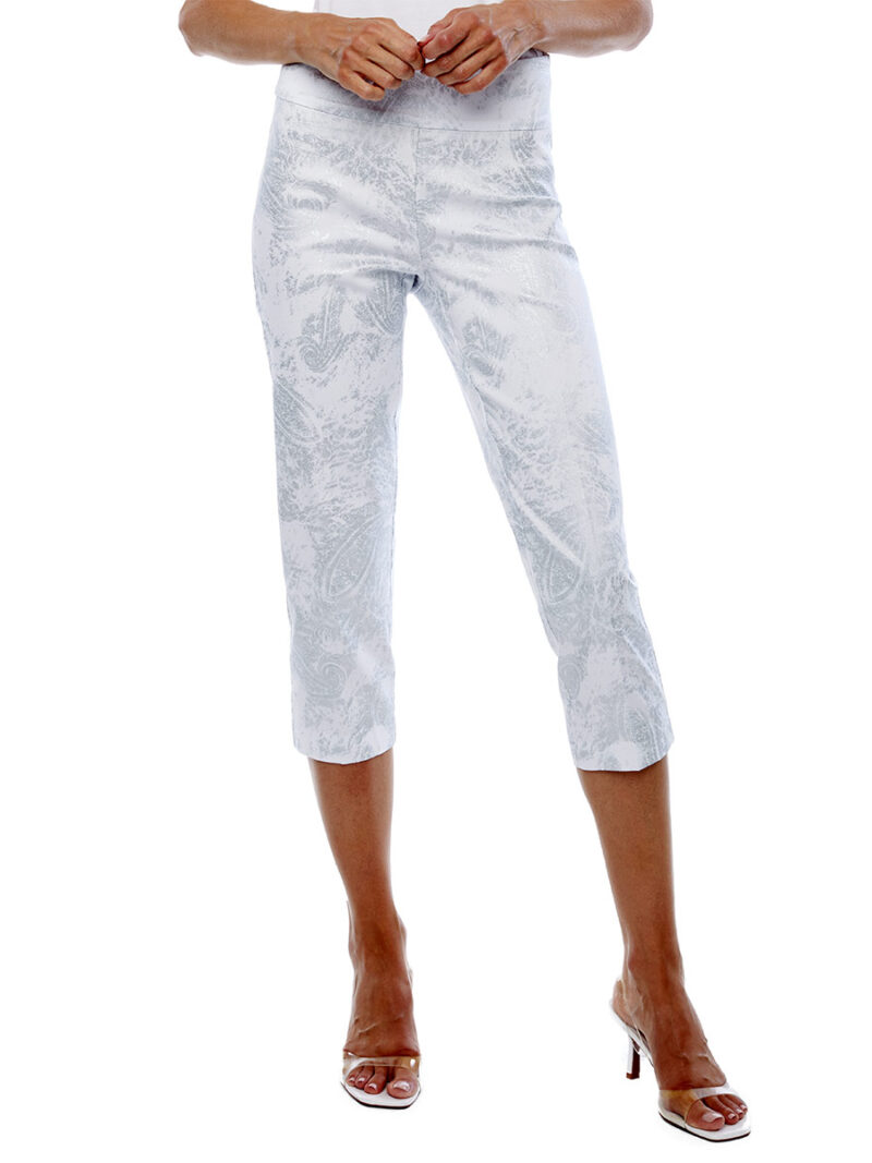 UP Pants 67760 white beige and black cube tile print comfortable pull-on and slimming panel combo blanc et argent