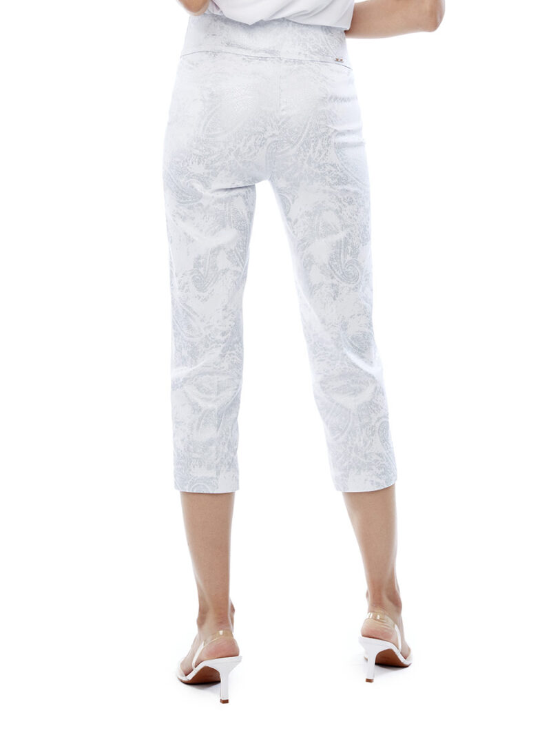 UP Pants 67760 white beige and black cube tile print comfortable pull-on and slimming panel combo blanc et argent