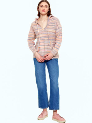 Chandail Dex 2127004D en tricot avec capuchon et rayures couleurs pastels