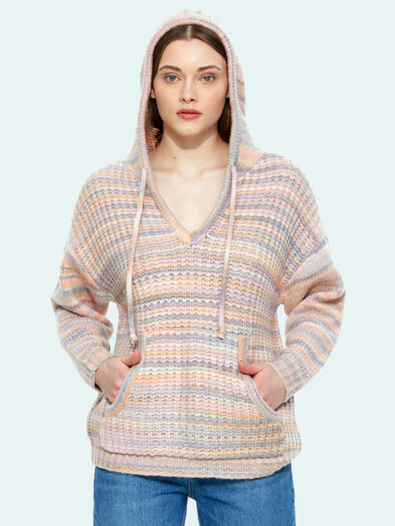 Chandail Dex 2127004D en tricot avec capuchon et rayures couleurs pastels
