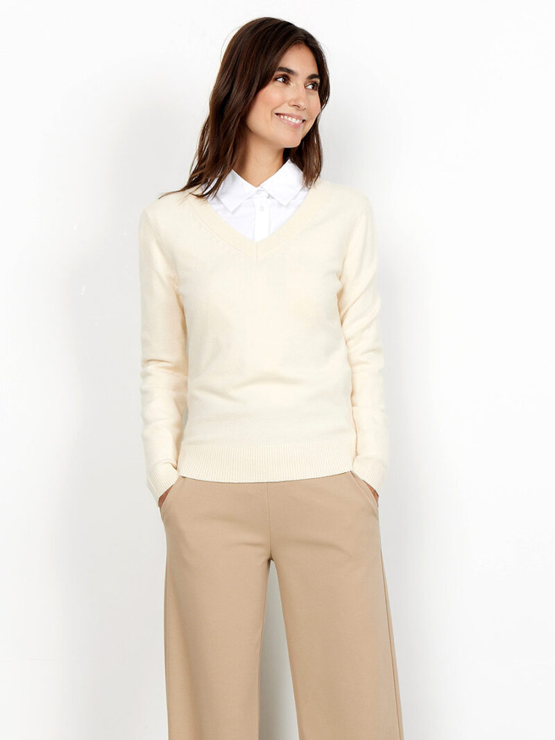 Chandail Soya Concept PS-33006 en tricot col V couleur crème