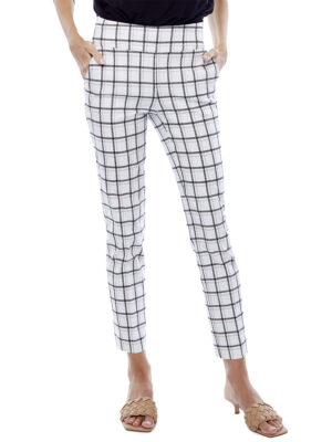 Pantalon UP 67760 imprimé carreau cube blanc beige et noir confortable enfilable et panneau minceur