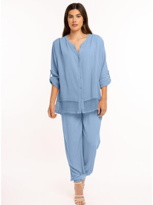 Tunique M Italy 21-22061S en lin ample avec bande en crochet au bas couleur bleu jeans
