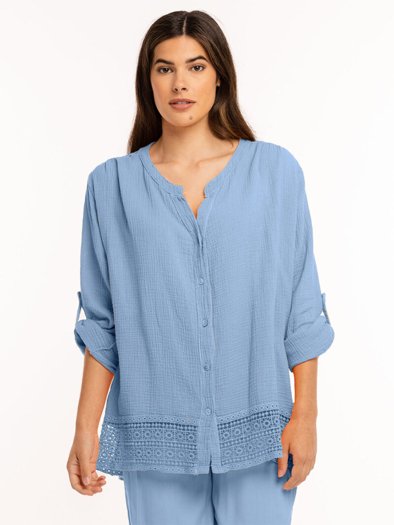 M Italy tunic 21-22061S in loose linen with crochet band at the bottom blue jeans color