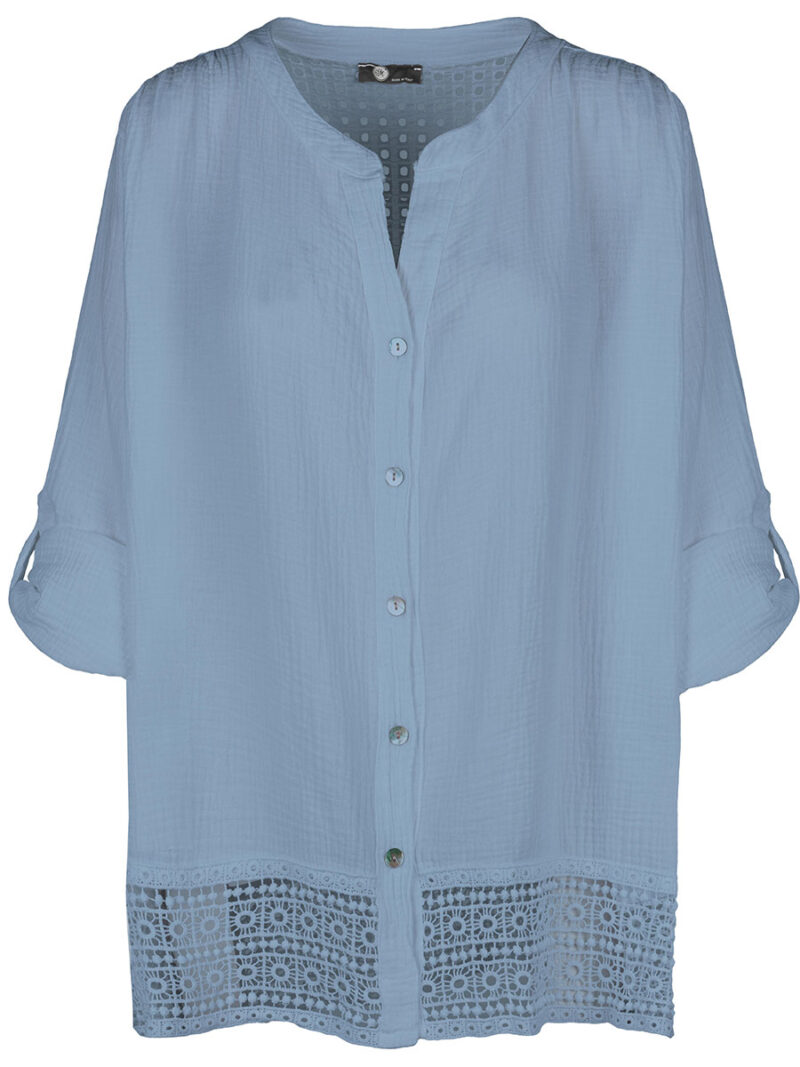 M Italy tunic 21-22061S in loose linen with crochet band at the bottom blue jeans color