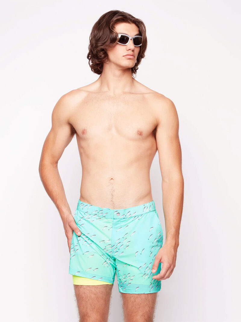 Short maillot Public Beach PB5644 imprimé poissons ultra confort avec cuissard intégré couleur aqua