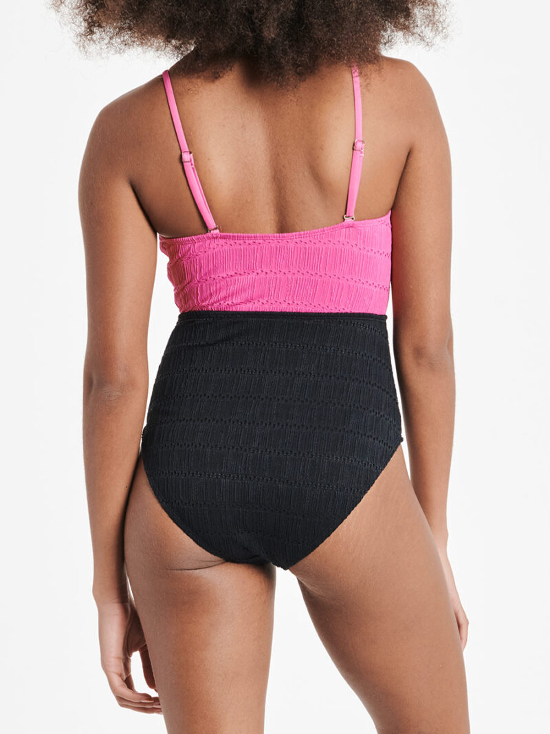 Mandarine one-piece swimsuit W01223B draped twist at the front pink and black