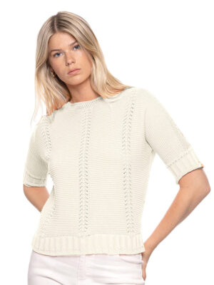 Chandail CyC 231-1502 en tricot crochet et pointelle manches dolman couleur off white