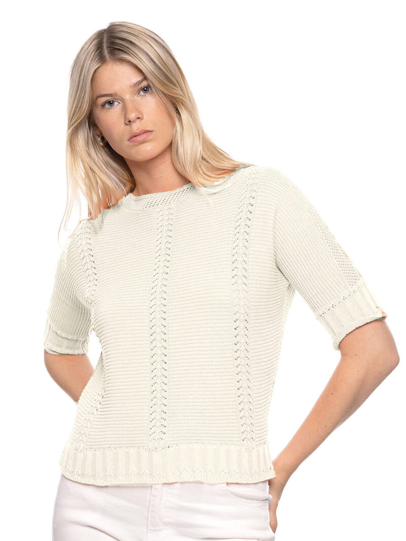 CyC 231-1502 crochet and pointelle knit sweater with dolman sleeves off white color