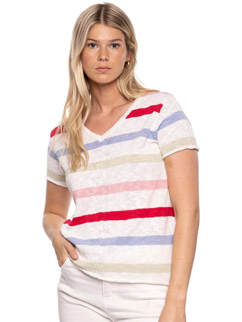 CyC 231-1512 short sleeve thin knit sweater with multicolored stripes