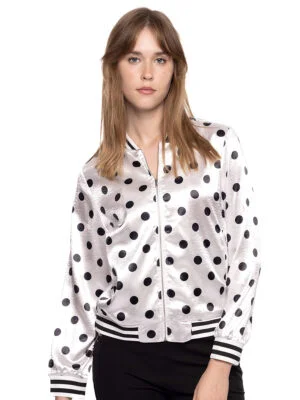 Coco Y Club Coat 231-1830 bummer style in satin with black polka dot print on white background