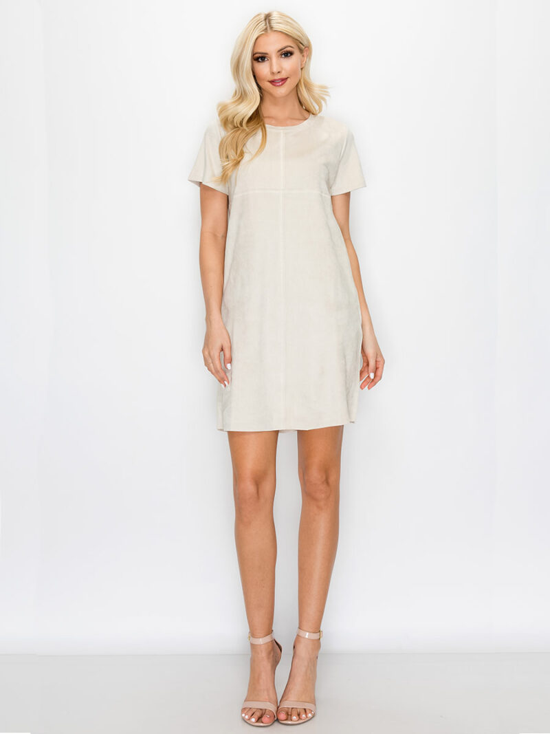 Joh dress A8449 short sleeves in stretch micro suede ecru color