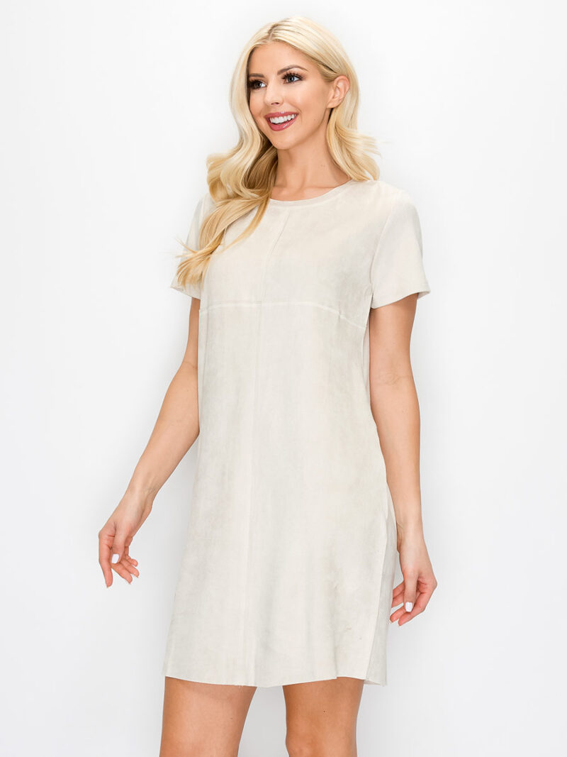 Joh dress A8449 short sleeves in stretch micro suede ecru color