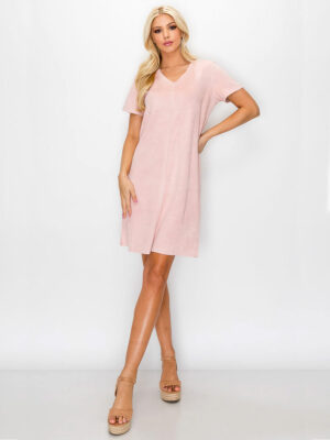 Joh dress A8449V short sleeves V-neck stretch micro suede pink color