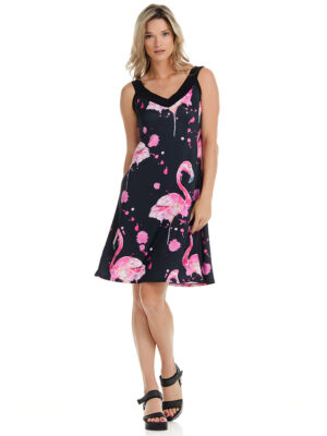 Modes Gitane Sun dress V39-F555 sleeveless pink flamingo print on black background