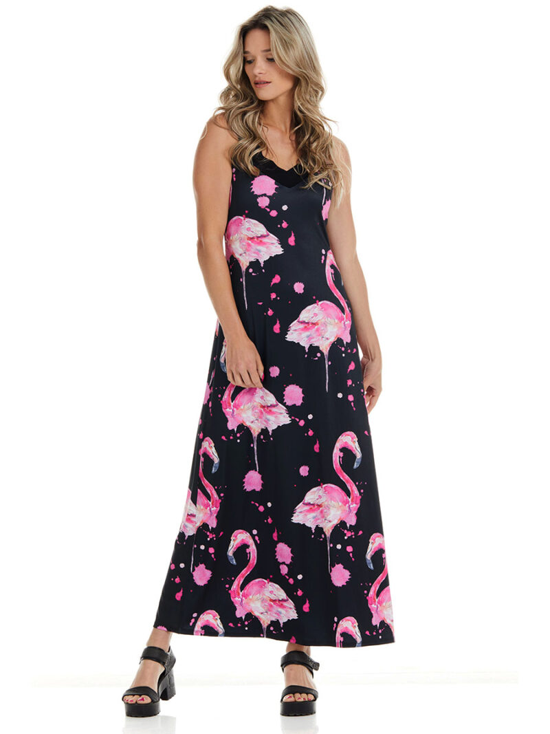 Modes Gitane long dress VL39-F555 sleeveless pink flamingo print on black background