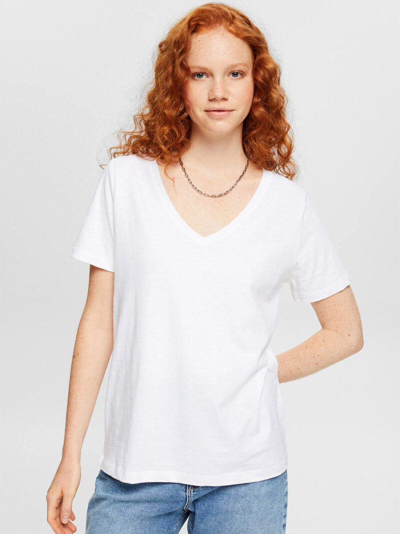 T-shirt Esprit 992CC1K322 manches courtes col V en coton couleur blanc