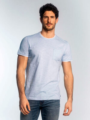 Lois 1034 short-sleeved cotton t-shirt with one pocket and mini stripes light blue