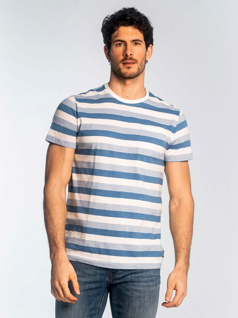 Lois 1039 short-sleeved cotton t-shirt with a pocket and blue stripes