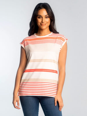 T-shirt Lois 2070 manches courtes roulés avec rayures couleur corail