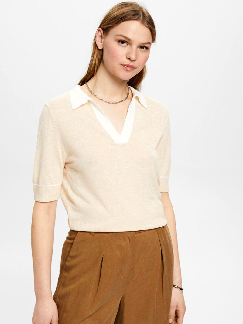 Esprit sweater 023EE1I306 3/4 sleeves in light knit with a polo collar beige color