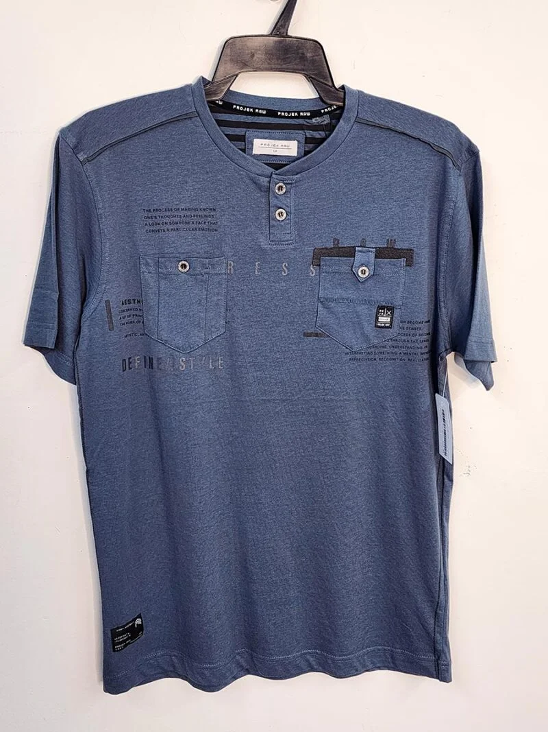  T-shirt Projek Raw 14272 style Henley imprimé avec 2 poches couleur bleu