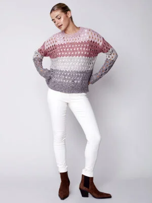 Chandai CharlieB C2541s-648b en tricot perforé avec bandes de couleurs combo porto