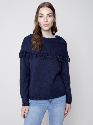 Charlie B C2584-713B knit sweater with drop collar denim color
